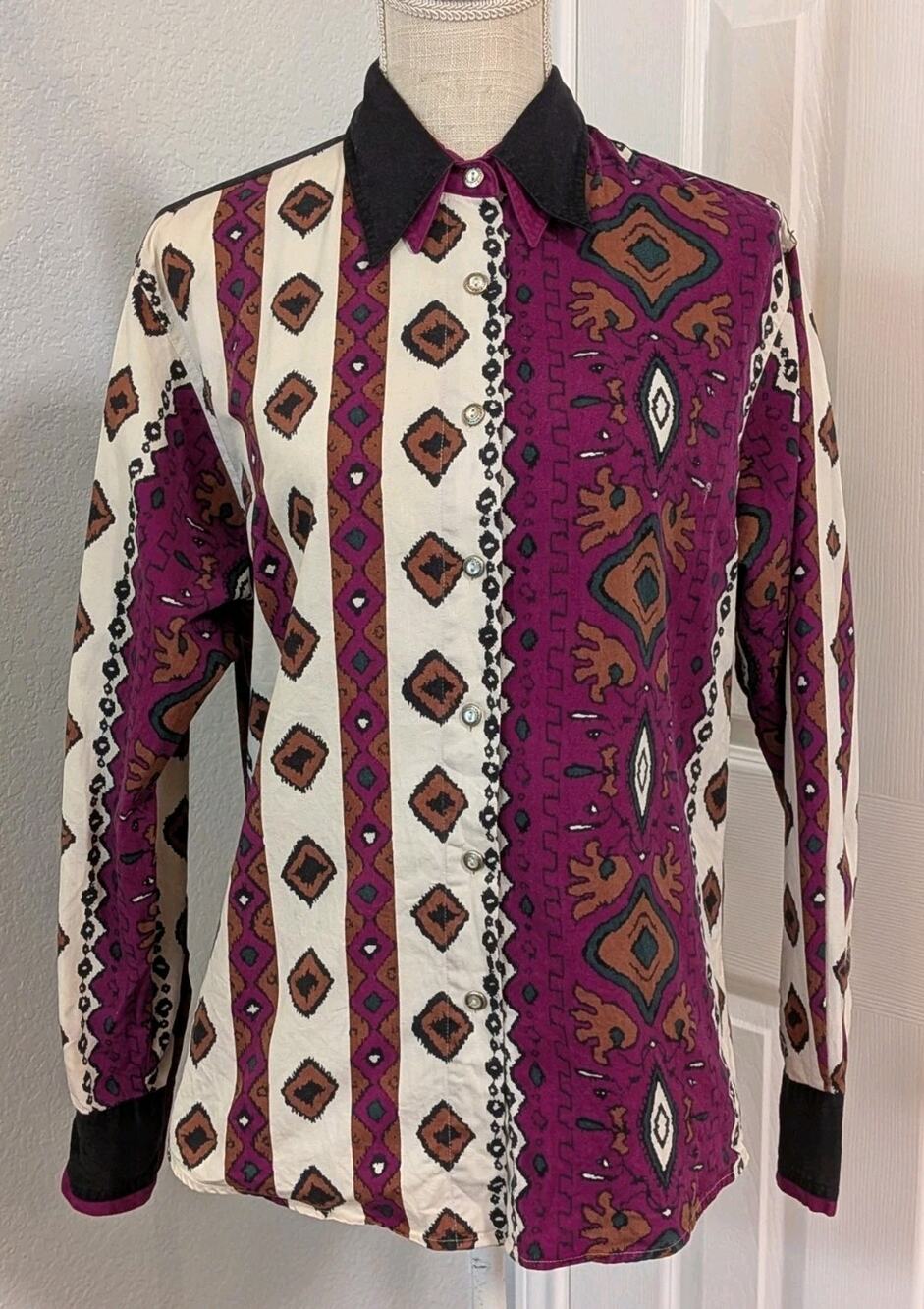 Vtg 90s Wrangler Western Shirt Women's M (?) Aztec Double Collar Cowgirl RARE